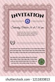 Red Retro vintage invitation. Detailed. With guilloche pattern. Perfect design. 