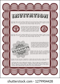 Red Retro vintage invitation. Detailed. With background. Money style design. 