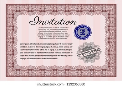 Red Retro vintage invitation. Good design. Vector illustration. With guilloche pattern and background. 
