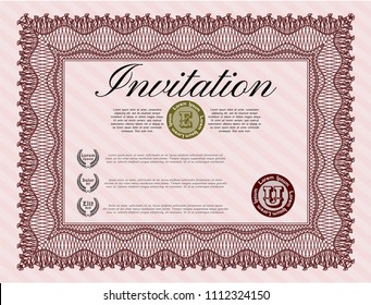  Red Retro vintage invitation. With guilloche pattern and background. Money style design. Vector illustration. 