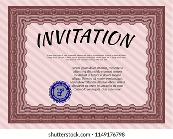 Red Retro vintage invitation. With guilloche pattern and background. Elegant design. Vector illustration. 