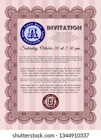 Red Retro vintage invitation. Modern design. With linear background. Detailed. 