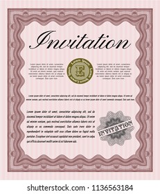 Red Retro vintage invitation. Money style design. Vector illustration. With complex linear background. 