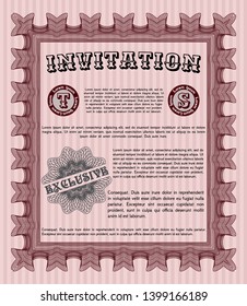 Red Retro vintage invitation. Money style design. Detailed. With complex linear background. 