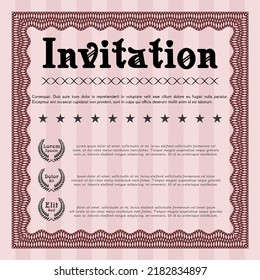 Red Retro vintage invitation. Perfect design. With guilloche pattern.  