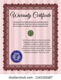 Red Retro vintage Warranty Certificate. With complex background. Lovely design. Vector illustration. 