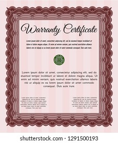 Red Retro vintage Warranty Certificate. Cordial design. Vector illustration. With complex linear background. 