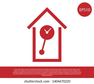 Red Retro wall watch icon isolated on white background. Cuckoo clock sign. Antique pendulum clock. Vector Illustration
