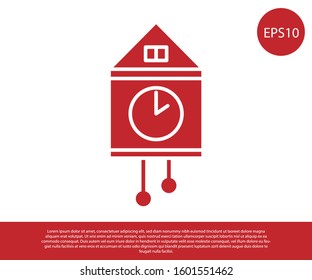 Red Retro wall watch icon isolated on white background. Cuckoo clock sign. Antique pendulum clock.  Vector Illustration