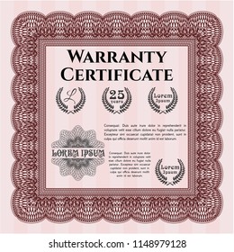 Red Retro Warranty Certificate template. Detailed. With complex linear background. Sophisticated design. 