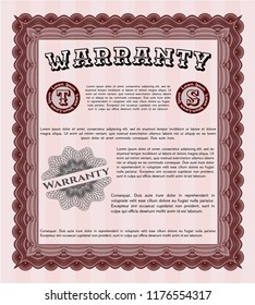 Red Retro Warranty Certificate template. With complex linear background. Money Pattern. Detailed. 