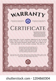 Red Retro Warranty Certificate template. Money style design. Detailed. With background. 