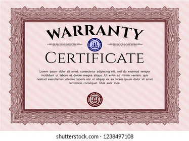 Red Retro Warranty Certificate template. With linear background. Cordial design. Vector illustration. 