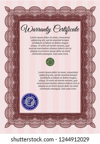 Red Retro Warranty Certificate template. Vector illustration. With complex background. Sophisticated design. 
