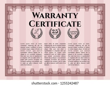 Red Retro Warranty Certificate template. With linear background. Detailed. Retro design. 