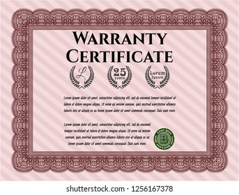 Red Retro Warranty Certificate template. Lovely design. With complex linear background. Vector illustration. 