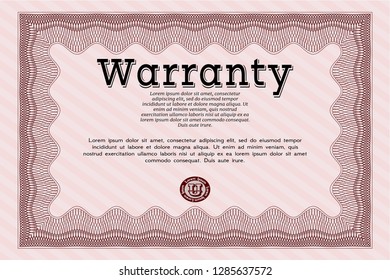 Red Retro Warranty Certificate template. With background. Detailed. Cordial design. 
