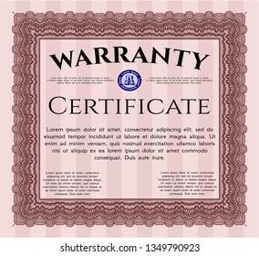 Red Retro Warranty Certificate template. Cordial design. Vector illustration. With linear background. 