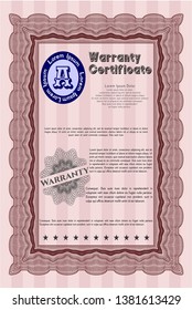 Red Retro Warranty Certificate template. With complex linear background. Vector illustration. Nice design. 
