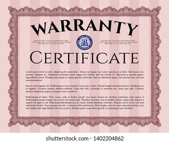 Red Retro Warranty Certificate template. Money style design. With linear background. Vector illustration. 