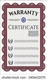 Red Retro Warranty Certificate template. Vector illustration. With guilloche pattern and background. Money design. 