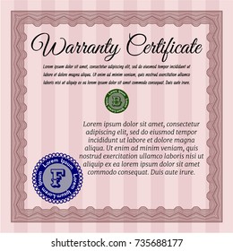 Red Retro Warranty Certificate template. With great quality guilloche pattern. Detailed. Cordial design. 