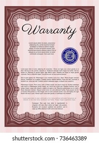Red Retro Warranty Certificate template. Detailed. With linear background. Artistry design. 