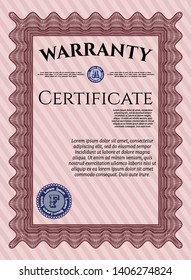 Red Retro Warranty template. With complex linear background. Vector illustration. Superior design. 