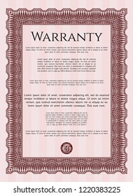 Red Retro Warranty template. Detailed. With guilloche pattern and background. Cordial design. 