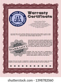 Red Retro Warranty template. Easy to print. Detailed. Money Pattern design. 