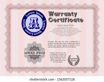 Red Retro Warranty template. With great quality guilloche pattern. Beauty design. Vector illustration. 