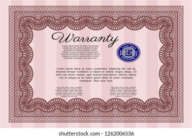 Red Retro Warranty template. With guilloche pattern and background. Vector illustration. Good design. 