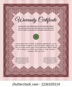 Red Retro Warranty template. Money Pattern design. Vector illustration. With great quality guilloche pattern. 