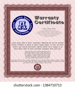 Red Retro Warranty template. Perfect design. Detailed. With guilloche pattern. 