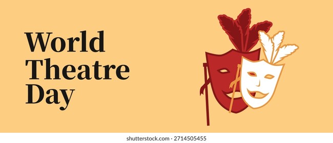 Red retro web banner celebrating World Theatre Day with theatrical comedy and tragedy masks, dramatic arts and vintage poster style