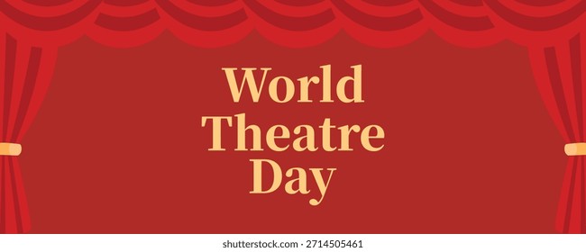 Anuncio de Web retro rojo que celebra el Día Mundial del Teatro con elegantes cortinas teatrales, ambiente escénico clásico y estilo de cartel vintage