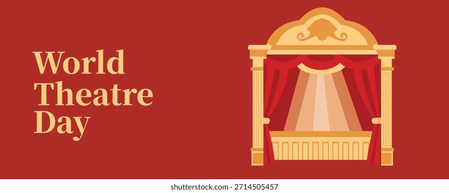 Anuncio de Web retro rojo para el Día Mundial del Teatro con ilustración de escenario de teatro, atmósfera de foco y concepto de actuación en vivo clásico