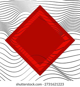 Roter rhombuser Hintergrund mit abstrakten schwarzen wellenförmigen Linien. Moderner roter Rhombus-Vektorhintergrund mit einem minimalistischen geometrischen Rahmen auf weißem Hintergrund. Kreatives Grafikdesign zeigt fett roten Rhombushintergrund.