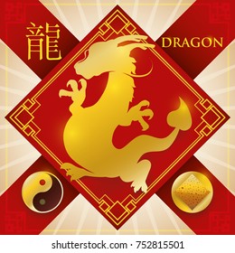 Red rhombus charm and ribbons for good luck and golden silhouette of Chinese zodiac animal: Dragon (written in Chinese calligraphy) with fixed element representation for earth and Yang symbol.