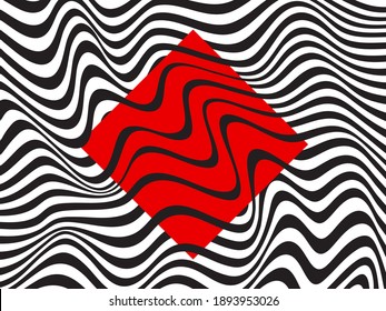 Red rhombus frame, black halftone waves on white abstract vector banner. Curve bent stripes. Frame border for text. Halftone wavy background. Modern poster business template.