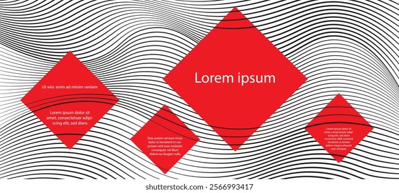 Red rhombus shapes and black bent curve lines over white background. Vector banner or cover design. Random text. Tech geometric template.