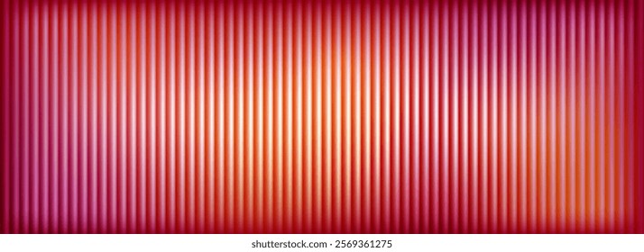 Red ribbed glass background. Dark pink frosted reeded wallpaper. Colored corrugated glass texture for door, window, rooftop. Wavy striped blurry surface overlay. Vector backdrop