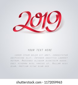 Red ribbon of 2019 calligraphy hand lettering, happy new year celebration,  vector art and illustration.