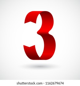 Red ribbon 3 vector number. Decorative red digit three character with 3d effect.
