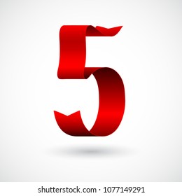 Red ribbon 5 vector number. Decorative red digit five character with 3d effect.