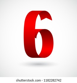 Red ribbon 6 vector number. Decorative red digit six character with 3d effect.