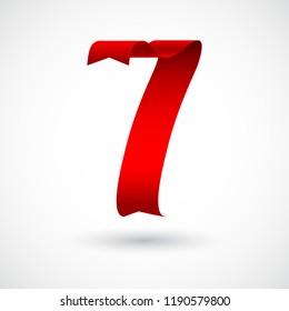 Red ribbon 7 vector number. Decorative red digit seven character with 3d effect.