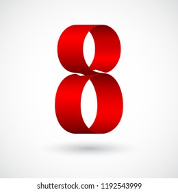 Red ribbon 8 vector number. Decorative red digit eight character with 3d effect.