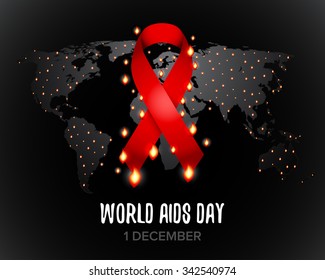 Red ribbon of aids awareness with text for 1st December World Aids Day. World map. Isolated vector illustration.