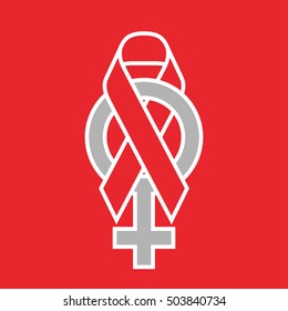 Red ribbon AIDS, HIV and female sign icon illustration, flat color outline stroke design set front and back side isolated on red background